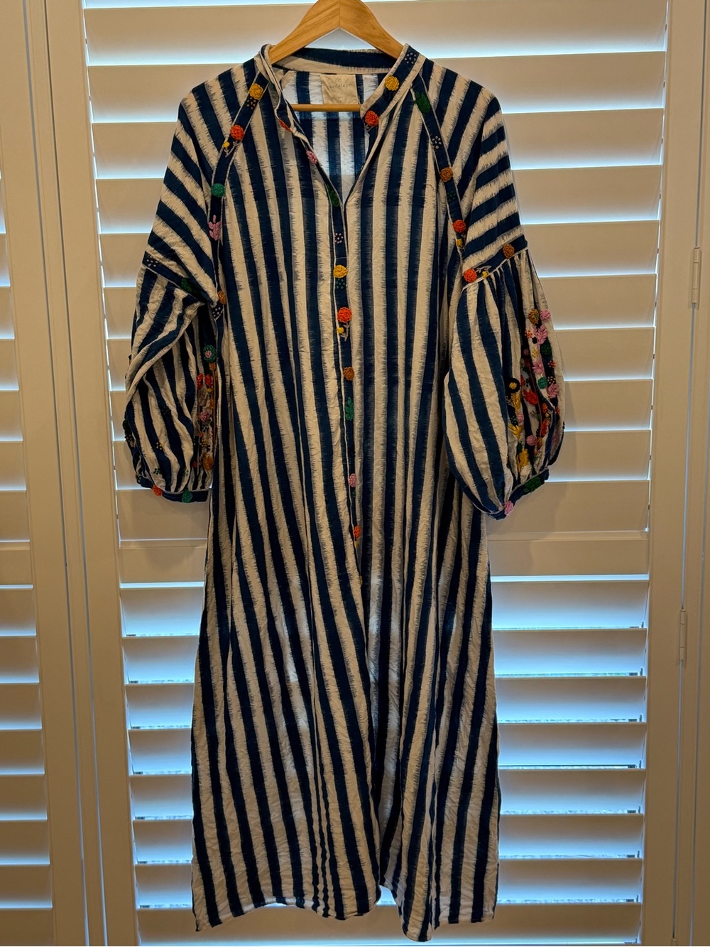 Guadelupe Rambagh Navy & White Striped Midi Dress Embroidered Details small